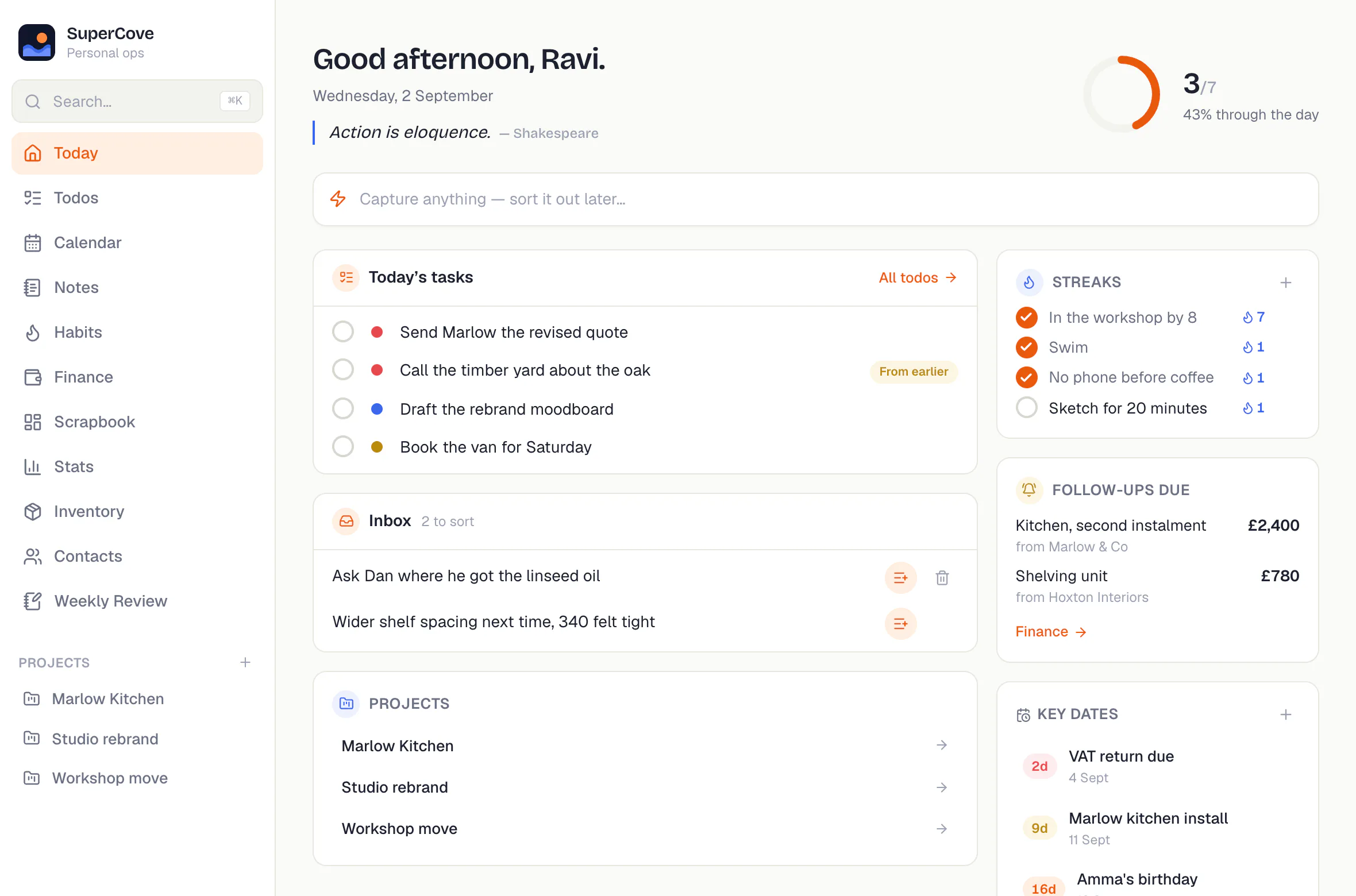 The SuperCove dashboard showing today's tasks, capture bar, habits, and financial follow-ups.