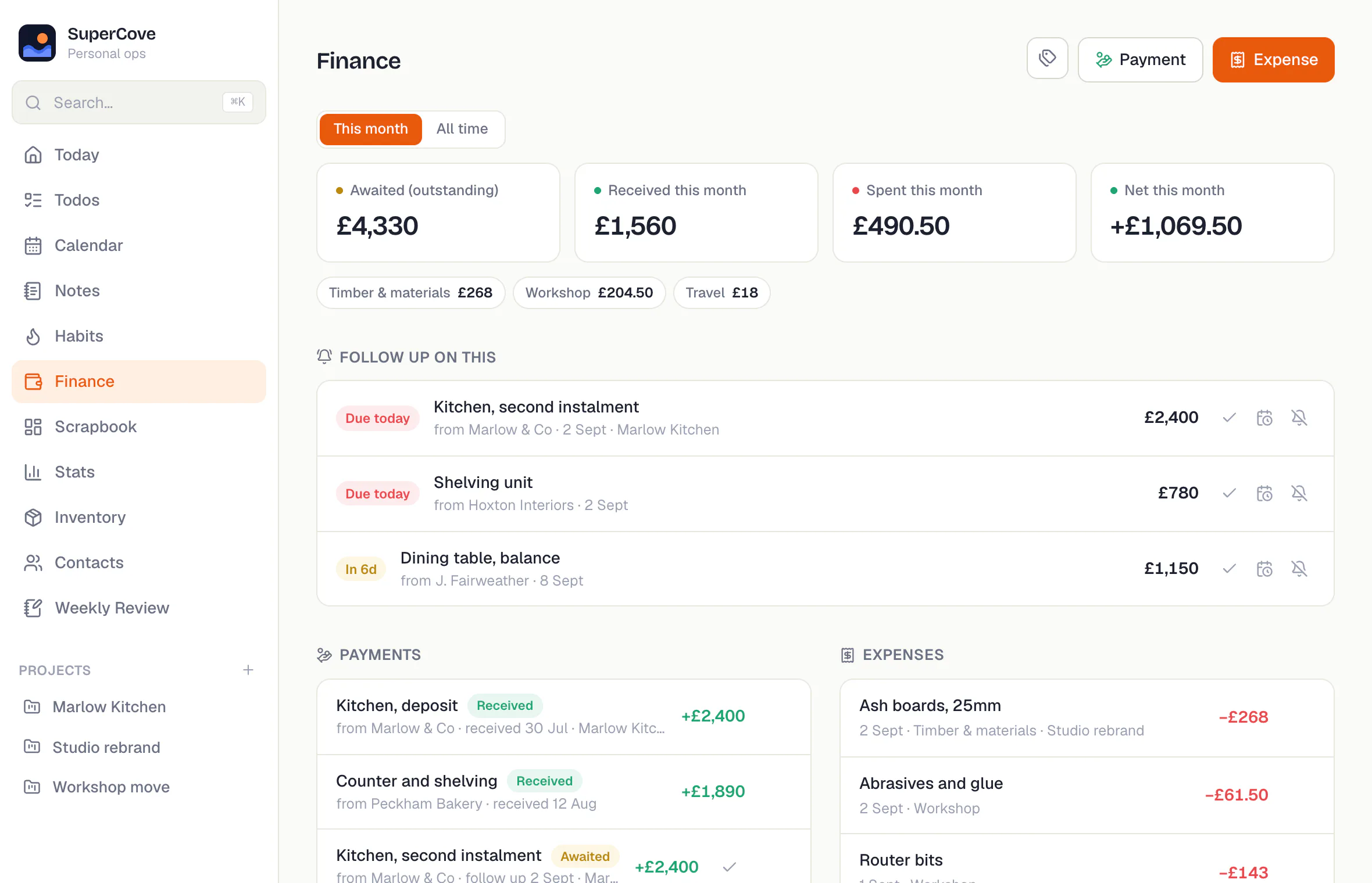 The finance page: total outstanding, payments due for follow-up, and expenses.